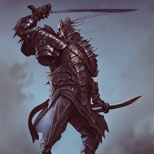 Image similar to portait of a dragon man knight holding sword, digital art, digital painting, masterpiece, elegant, hyper realistic, award winning, 8 k, behance, artstation, unreal engine 5, octane render, masterpiece, sharp focus, intricate, ornate