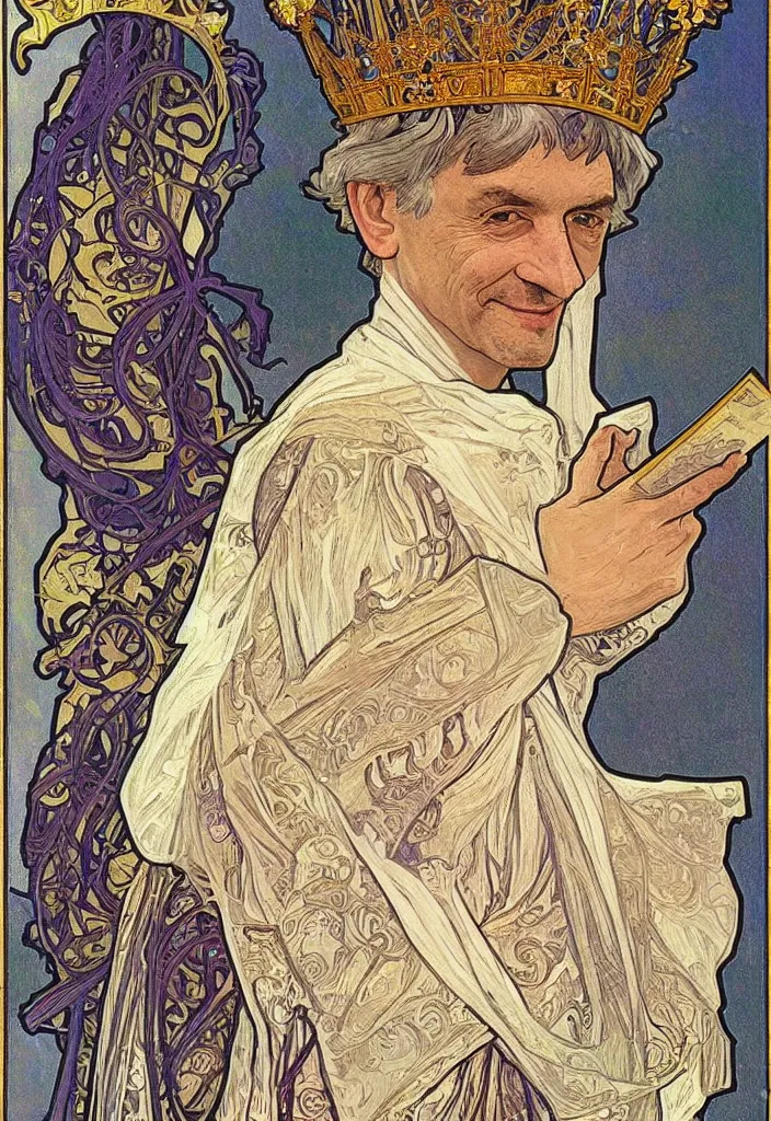 Image similar to realistic white - haired geoffrey hinton in a crown with neural networks on a tarot card, tarot in art style by alphonse mucha