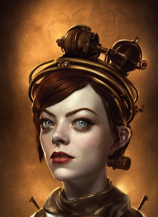 Prompt: Bioshock steampunk portrait of Emma Stone, au naturel, hyper detailed, digital art, trending in artstation, cinematic lighting, studio quality, smooth render, unreal engine 5 rendered, octane rendered, art style by klimt and nixeu and ian sprigger and wlop and krenz cushart