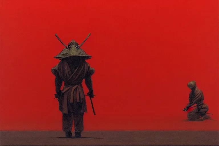 Image similar to only with red, a red samurai harakiri, tokio, a lot of frogs watch, in the style of beksinski, parts by edward hopper, parts by rodcenko, parts by yue minjun, intricate and epic composition, red by caravaggio, insanely quality, highly detailed, masterpiece, red light, artstation, 4 k