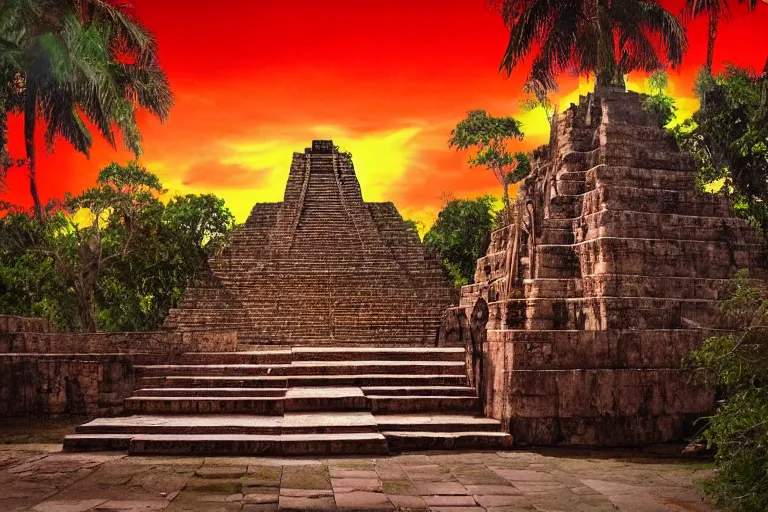 Image similar to ornate detailed aztec temple, flowing blood down steps, jungle setting, red sunset sky