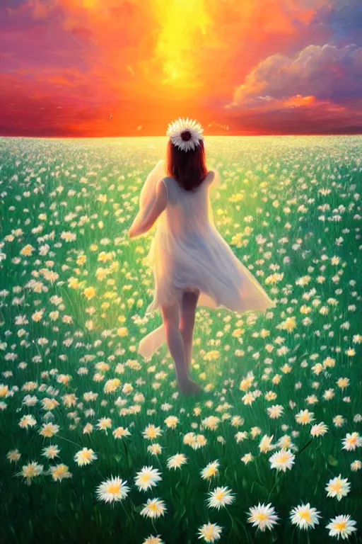 Image similar to veil of giant white daisy flower as head, girl dancing in a flower field, surreal photography, sunrise, dramatic light, impressionist painting, colorful clouds, digital painting, artstation, simon stalenhag