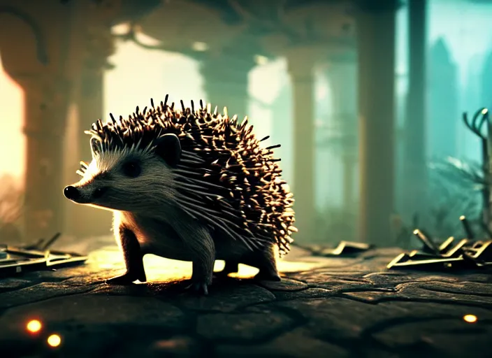 Prompt: intricate hedgehog with metal nails instead of needles, on the background of a weird magical mechanical forest. Very detailed 8k. Fantasy cyberpunk horror. Sharp. Cinematic post-processing. Unreal engine. Nanite. Ray tracing. Parallax. Tessellation