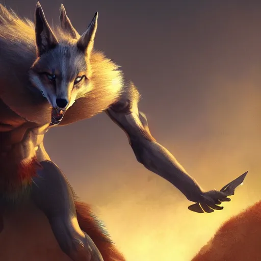 Prompt: nine tale fox attacks a titan, epic 4k wallpaper, fantasy concept art