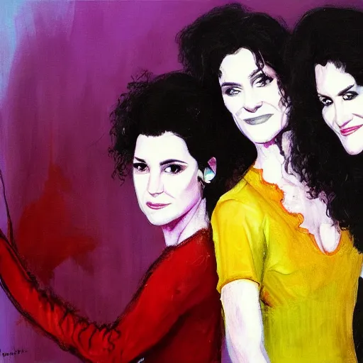 Image similar to a messy painting. Prince jealous of twin sisters Wendy and Susannah Melvoin. Nice use of colour. Trending on Artstation.