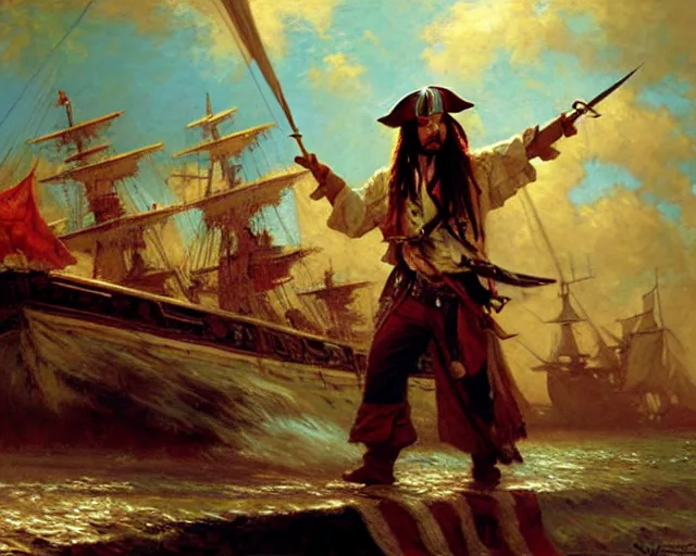 Prompt: jack sparrow sailing a ship, painting by gaston bussiere, craig mullins, j. c. leyendecker