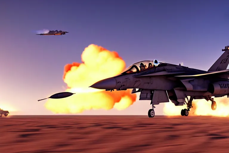 Image similar to a gritty hyperdetailed photorealistic f - 1 8 hornet ground attack aircraft shooting a missile at a small group of vehicles in the desert, volumemetric lighting, cinematic framing, cinematatic lighting, cinematic shadows, in the style of top gun maverick