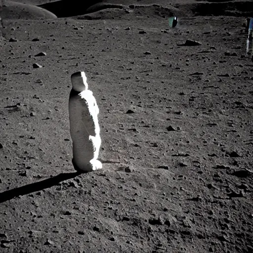 Prompt: distant view of an Easter Island statue on the lunar surface, Apollo 11 photo