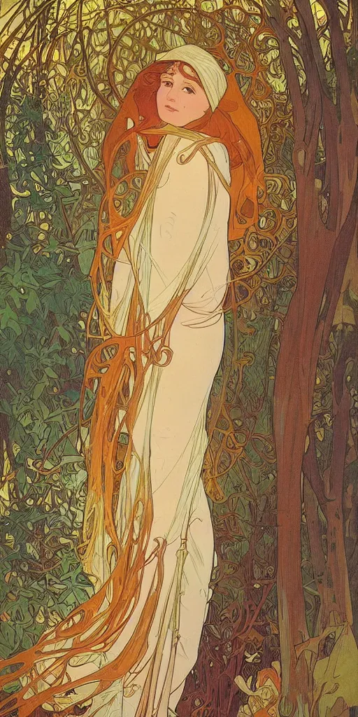 Prompt: a beautiful illustration of a beautiful lady in the forest, autumn, golden hour, alphonse mucha, moebius, cinematic