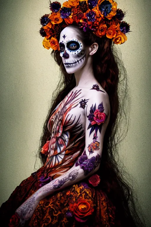 Image similar to heliography, virgin mary in dia de muertos dress and make up, horrific beautiful vibe, evocative, atmospheric lighting, painted, intricate, highly detailed, leesha hannigan, wayne haag, reyna rochin, ignacio fernandez rios, mark ryden, iris van herpen, stunning, gorgeous, sharp focus, cinematic, masterpiece