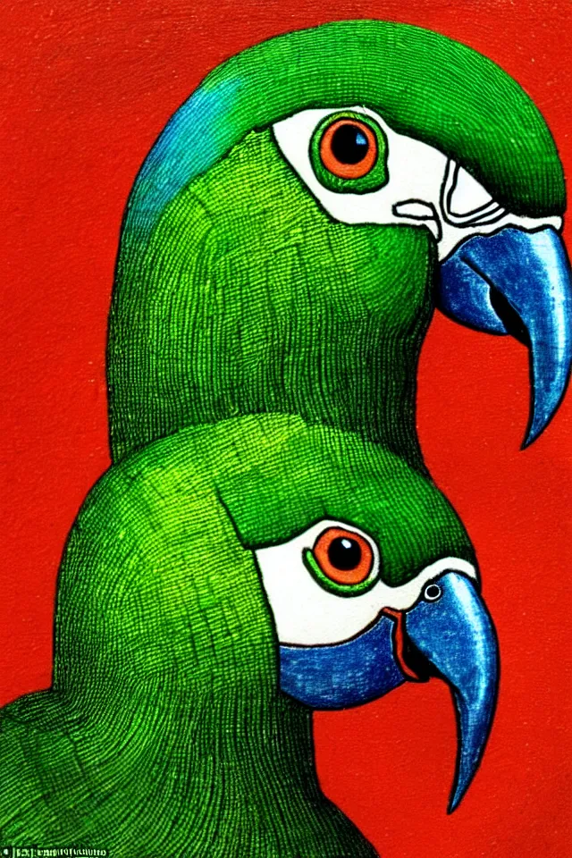 Image similar to a renaissance close up portrait of a green duck parrot as a ninja turtle, centered, triumphant, beautiful intricate painting