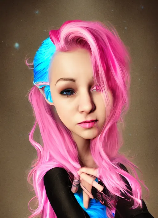 Prompt: An epic fantasy comic book style portrait painting of a young women, with pink hair, short black skirt, black leggings, blue shoes, cyan corset, with a cyan heart necklace Unreal 5, DAZ, hyperrealistic, octane render, cosplay, RPG portrait, dynamic lighting