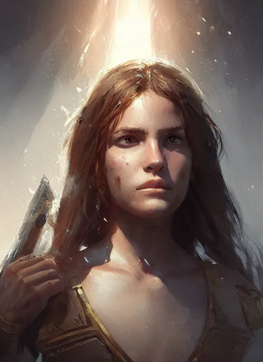 Image similar to A portrait of the warrior daughter in the style of in the style of Greg Rutkowski, heavenly light, style of Charles Sillem Lidderdale, artstation