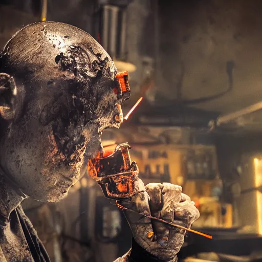 Image similar to half rusted old egg beater half stun - gun, balding older cyborg repairing, red hot soldering iron, dark messy smoke - filled cluttered workshop, dark, dramatic lighting, orange tint, cinematic, highly detailed, sci - fi, futuristic, movie still from blade runner