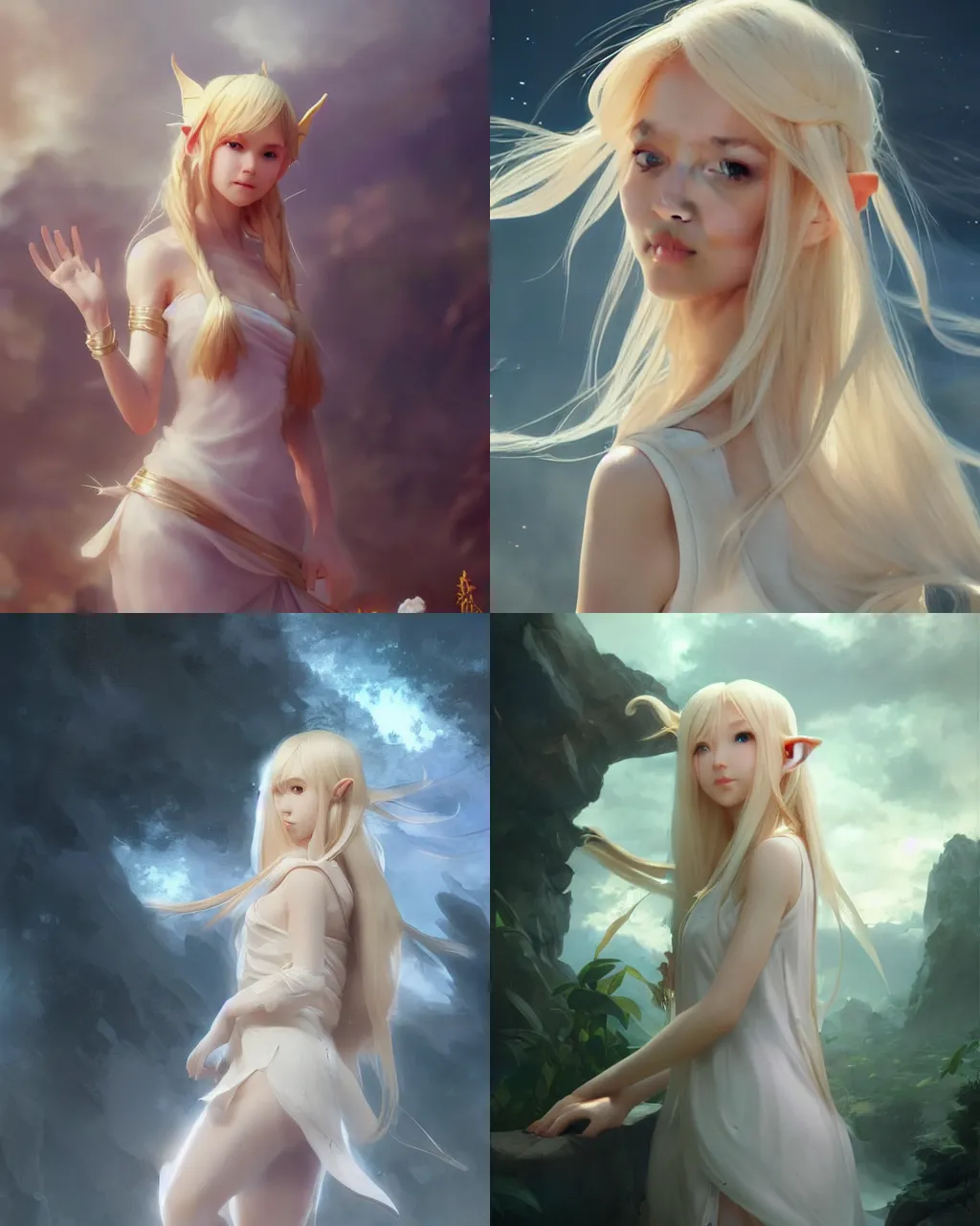 Prompt: elf girl with blonde hair and white dress, oriental face, half - length photo, illustration, octane render, volumetric lighting, by wenjun lin an krenz cushart, wide angle