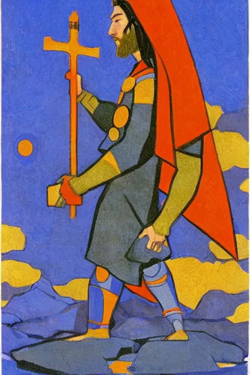 Image similar to thor with hammer, marvel, artwork by nicholas roerich,