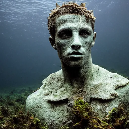 Prompt: Award-winning photograph by Mar Mann. The photo depicts a decaying roman bust of Christiano Ronaldo overgrown with moss at the bottom of the sea in the middle of ruins of civilization. Minimalism, high definition, perfect composition. Deep sea picture. Very dark. Volumetric Lighting. Fish. Darkness. Ruins