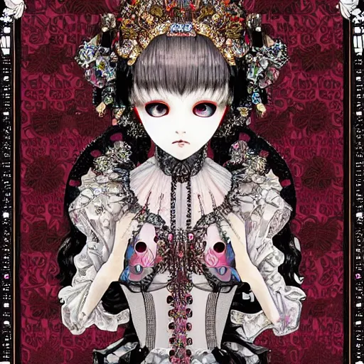 Image similar to baroque bedazzled gothic royalty frames surrounding a pixelsort emo demonic horrorcore japanese beautiful early computer graphics automaton doll, by guro manga artist Shintaro Kago