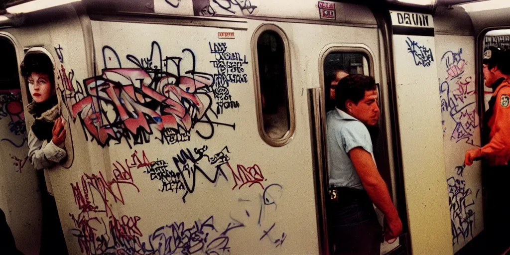 Image similar to new york subway cabin 1 9 8 0 s inside all in graffiti, policeman closeup, coloured film photography, christopher morris photography, bruce davidson photography