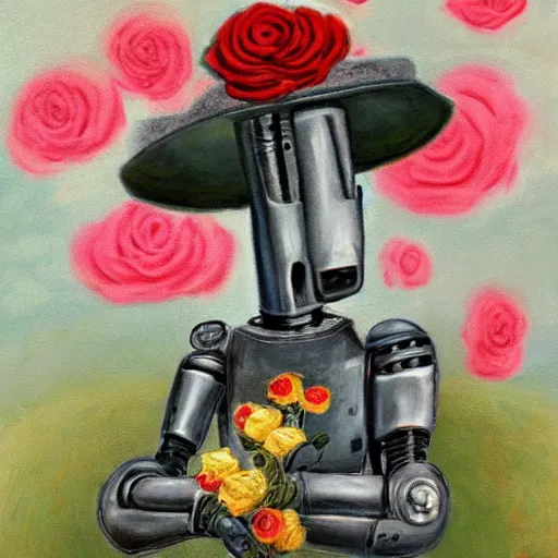 Image similar to a portrait of a robot wearing a hat full of roses, by Otto Eerelman