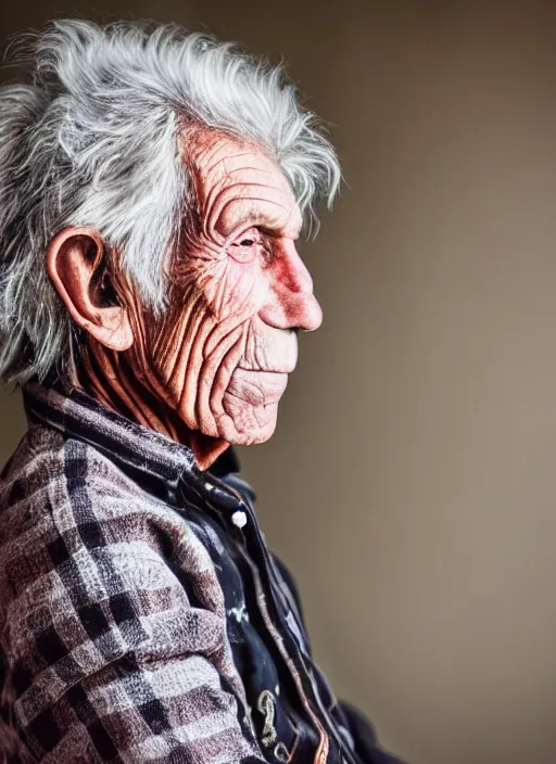 Image similar to DSLR photo portrait still of 132 year old age 132 Keith Richards at age 132!!!, 85mm f1.8