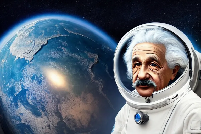 Image similar to still fullbody photo of sad albert einstein in spacesuit in space, flat earth on elephants and turtle at background, highly detailed, photorealistic shot, bright studio setting, studio lighting, crisp quality and light reflections, unreal engine 5 quality render