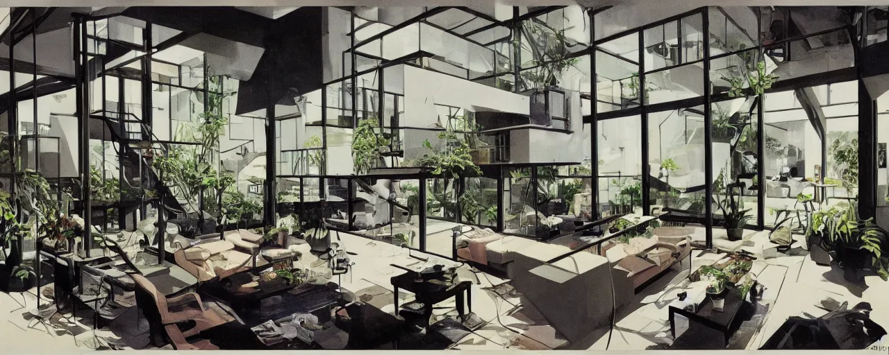 Prompt: interior of a loft, living room with split levels, mezzanine, plants and patio, 1970 furniture, bauhaus, concept art by syd mead