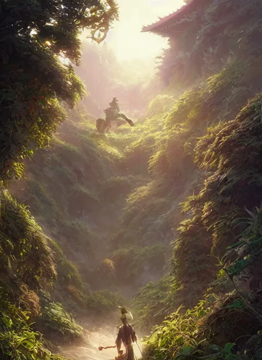 Image similar to highly detailed cultivator, stephen bliss, unreal engine, wuxia art by greg rutkowski, loish, rhads, ferdinand knab, makoto shinkai and lois van baarle, ilya kuvshinov, rossdraws, tom bagshaw, alphonse mucha, global illumination, radiant light, detailed and intricate environment