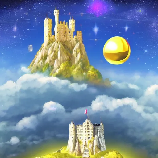 Image similar to stone castle with golden bell ontop of a mountain, space sky, anime illustration,