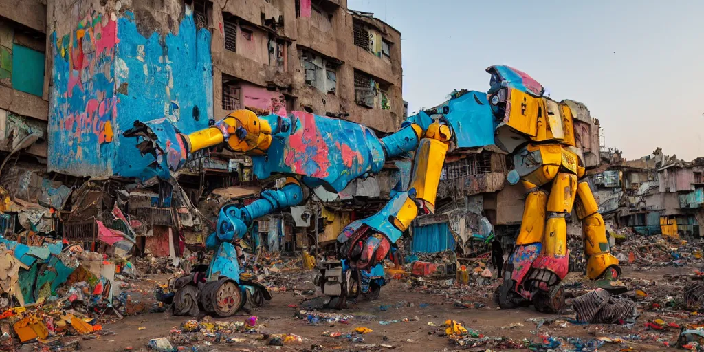 Prompt: destroyed colourful giant mecha ROBOT of AJEGUNLE SLUMS of Lagos, markings on robot, Golden Hour,