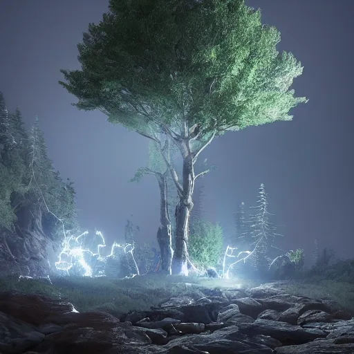 Image similar to lightening tree, beautiful, trending on artstation, 4k, hyperrealistic, focused, extreme details, unreal engine 5, cinematic, masterpiece, high resolution, detailed