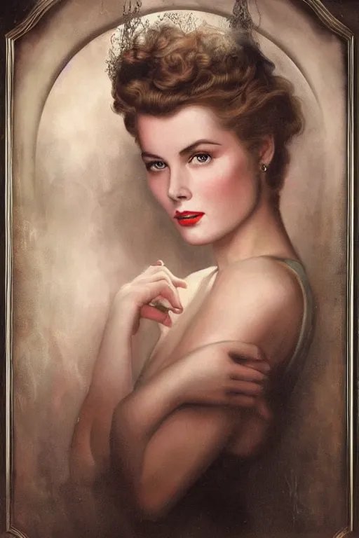 Prompt: a young and extremely beautiful grace kelly infected by night by tom bagshaw in the style of a modern gaston bussiere, art nouveau, art deco, surrealism. extremely lush detail. melancholic night scene. perfect composition and lighting. profoundly surreal. high - contrast lush surrealistic photorealism. sultry and mischievous expression on her face.