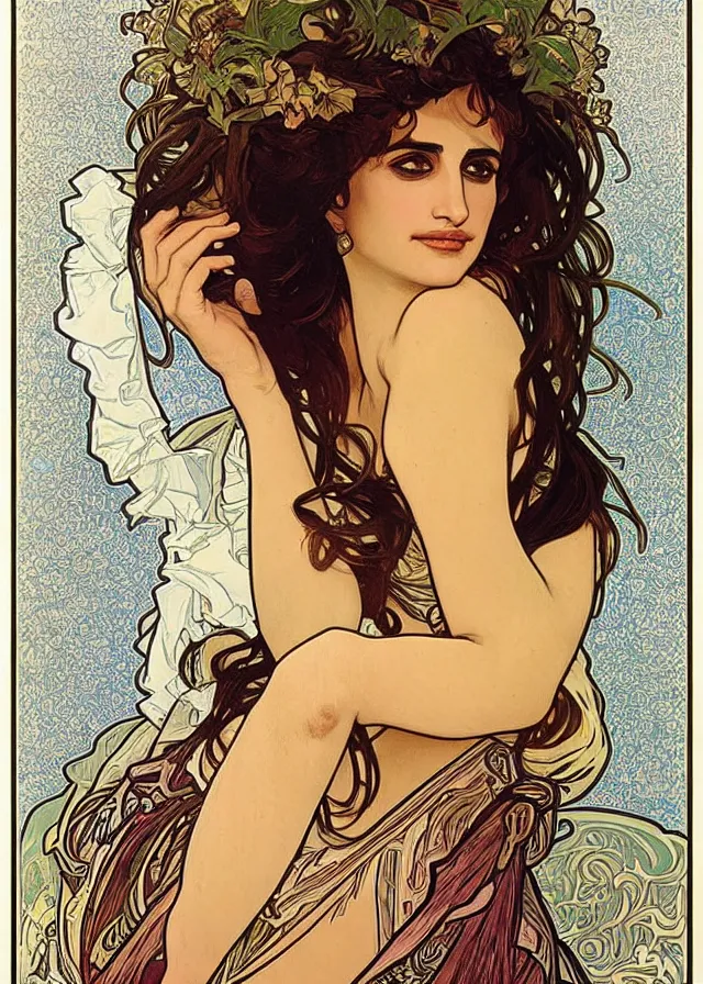 Image similar to portrait of penelope cruz, artwork by alphonse mucha