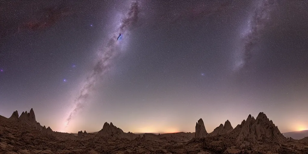 Prompt: The calm before the storm on the planet of crystal spires, milkyway long exposure sky, 8k