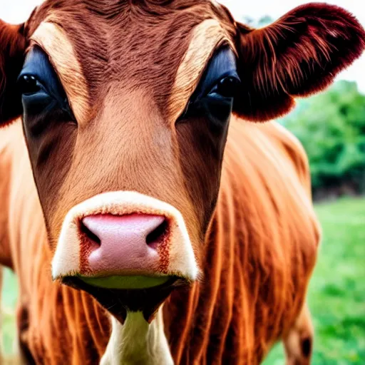 Prompt: photo of the face of a brown cow, wearing yellow sunglasses, realistic