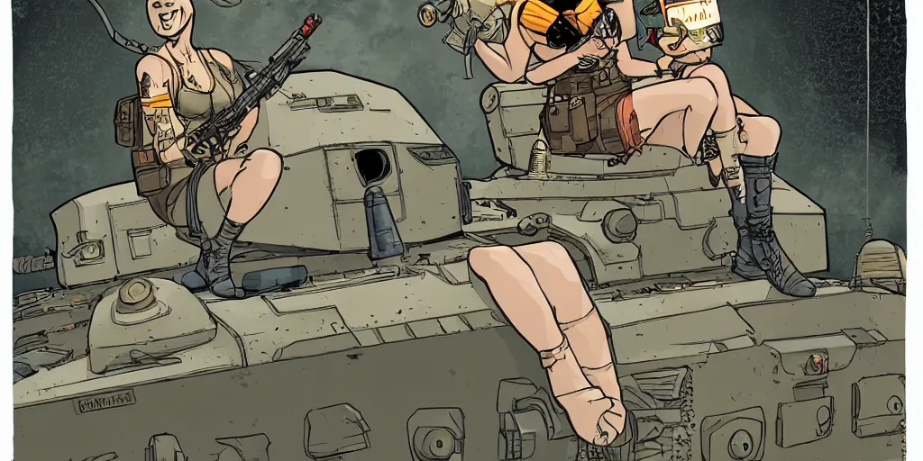 Prompt: tank girl sitting on top of the tank, holding a granite luncher. smiling. laurie greasley,