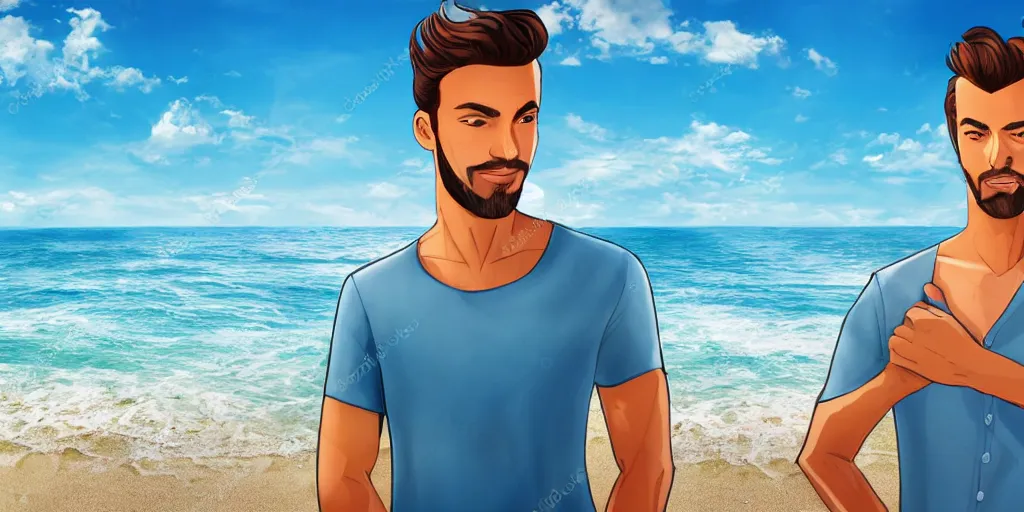 Image similar to a handsome guy is standing tall, in a beautiful shirt, with the beach, sea, sun, rays in the background? super detail, one character