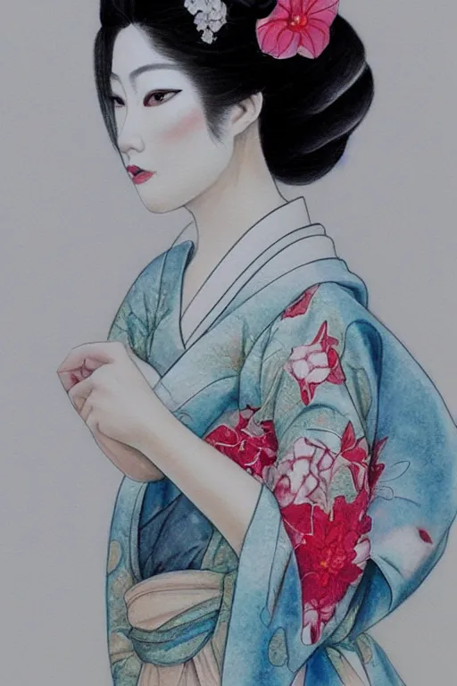 Prompt: beauty geisha, digital art, 8k, character, realistic, portrait, photorealism, watercolour