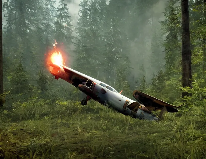 Image similar to a the forest game screenshot with a crashed plane, player is holding a lighter. ultra realistic