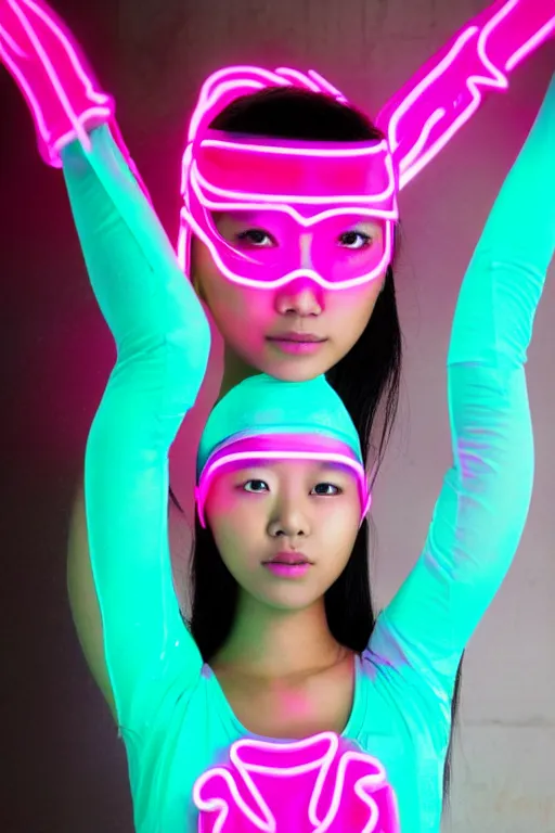 Image similar to young asian princess in neon cyberninja suite