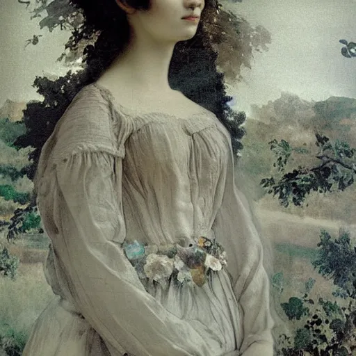 Image similar to double exposure portrait of a beautiful short dark haired feminine queen, floral composition, silhouettes of windy trees, by leonard de vinci, double exposure, by eugene delacroix