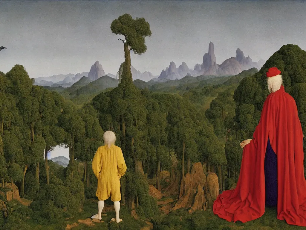 Image similar to albino mystic, with his back turned, with wild exotic Cabezon looking at a giant Sequoia forest in the distance. Painting by Jan van Eyck, Audubon, Rene Magritte, Agnes Pelton, Max Ernst, Walton Ford