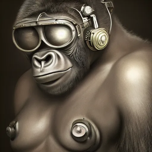 Image similar to a beautiful intricate fine art portrait photo of a a mechanical industrial steampunk cybernetic silverback gorilla, by tom bagshaw and zach sutton, perfection!, milk bath photography, studio lighting, backlight, 35mm lens, very detailed, bionic, cybernetic scifi, deep depth of field, artstation, 8K, highly coherent