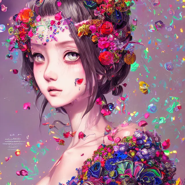 Image similar to studio portrait absurdly beautiful, elegant, lovely, young hypercolorful sensual anime teen rubies red petals gems, ultrafine hyperrealistic detailed face illustration by kim jung gi, irakli nadar, intricate linework, sharp focus, bright colors, matte, octopath traveler, final fantasy, unreal engine highly rendered, global illumination, radiant light, intricate rainbow environment