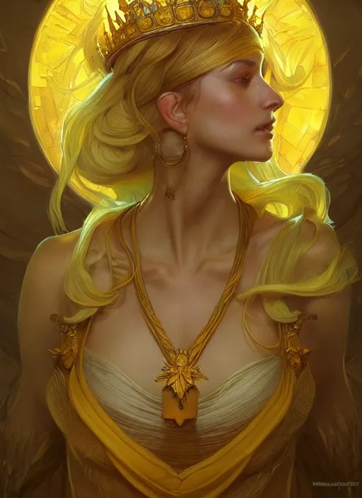 Image similar to yellow mushroom queen, d & d, fantasy, intricate, elegant, highly detailed, digital painting, artstation, concept art, matte, sharp focus, illustration, hearthstone, art by artgerm and greg rutkowski and alphonse mucha