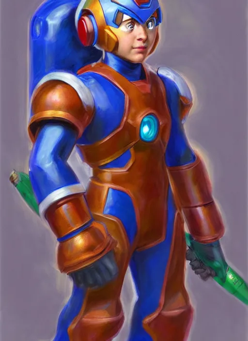 Image similar to Megaman as a fantasy D&D character, portrait art by Donato Giancola and James Gurney, digital art, trending on artstation