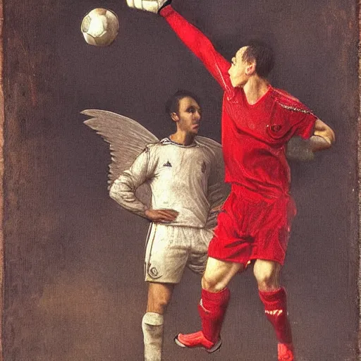 Image similar to soccer photography, goal keeper with wings, baroque painting