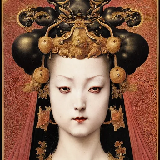 Image similar to front symmetric face of demon marble statue in japanese costume, victorian head dress, by jan van eyck, tom bagshaw, jean delville, william bouguereau, albrecht durer, symbolist painting, mysterious mood