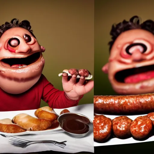 Image similar to an ultra realistic photography of a screaming man with a sausage face and chocolate sauce on monster sausages on a plate