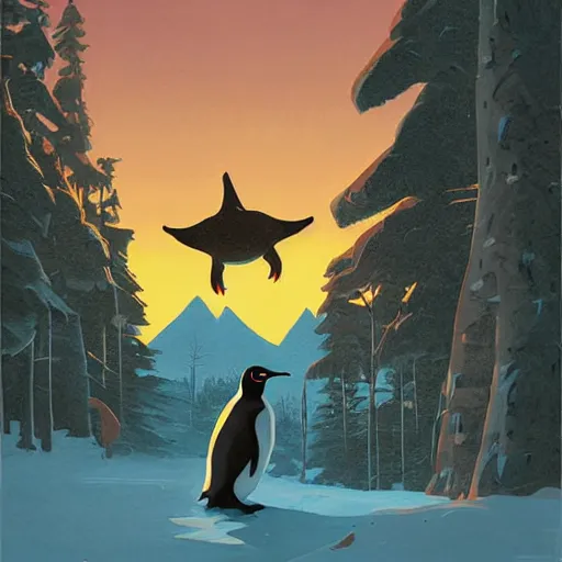 Image similar to penguin, art by simon stalenhag